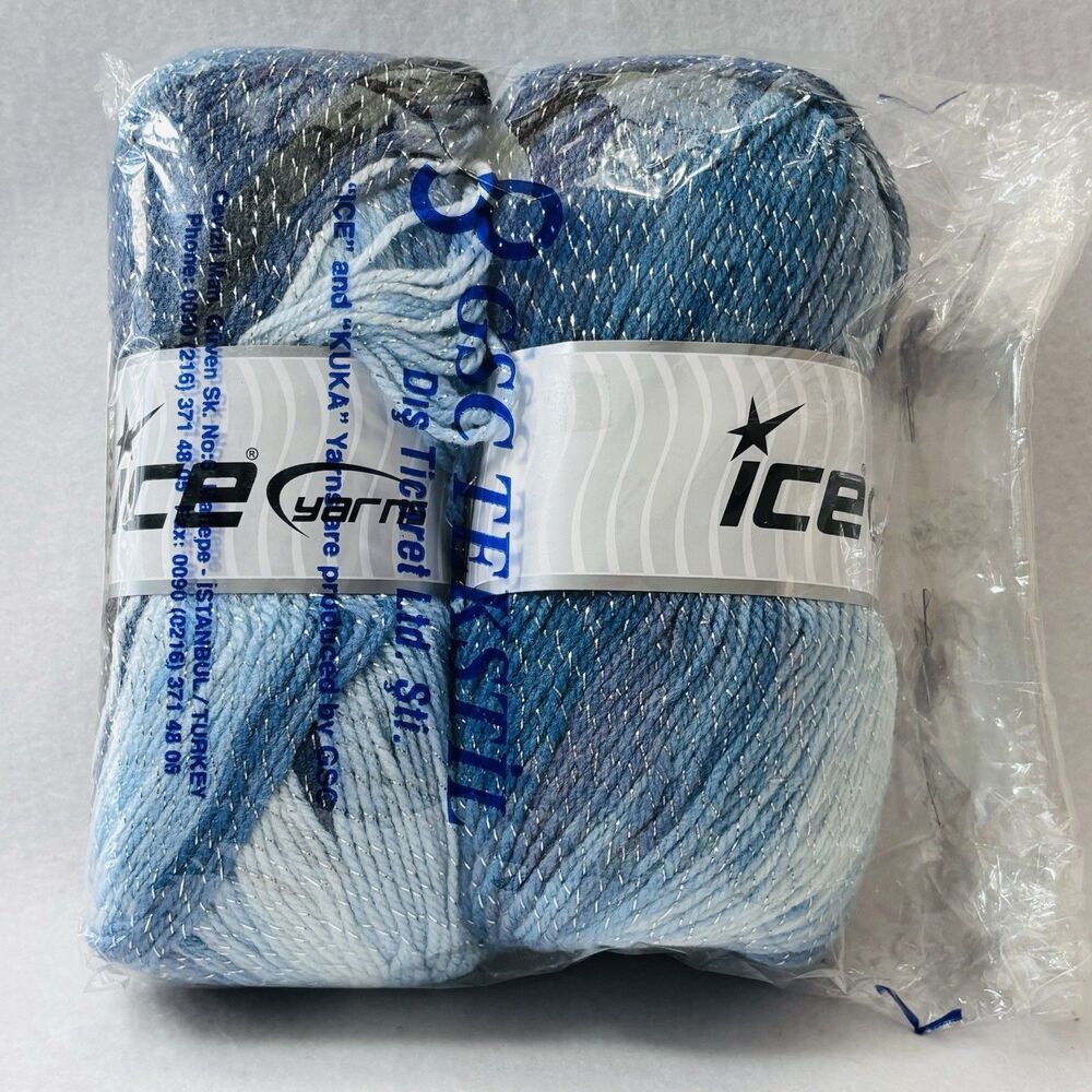 (2) 100 gr ICE YARN Magic Glitz 22051 Black Blue White Silver Metallic